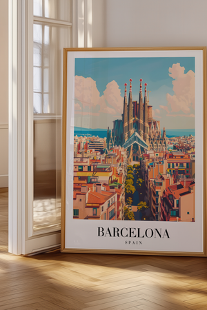 Barcelona Spanien byplakat med ikoniske Sagrada Família og farverig byudsigt.