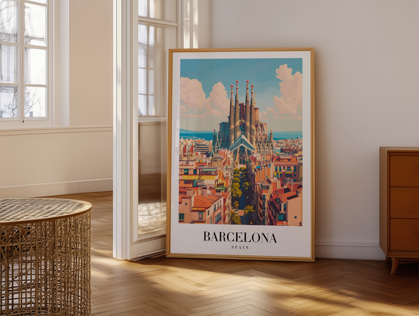 Barcelona Spanien byplakat med ikoniske Sagrada Família og farverig byudsigt.