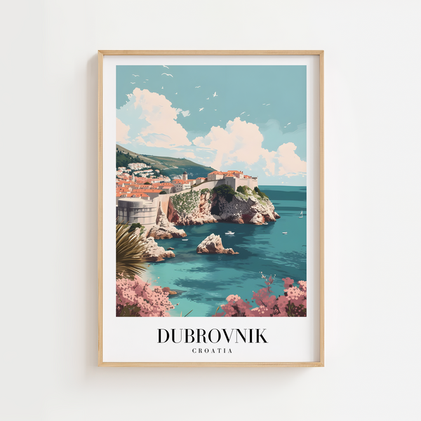 Dubrovnik Kroatien byplakat med udsigt til den gamle bydel og Adriaterhavet.