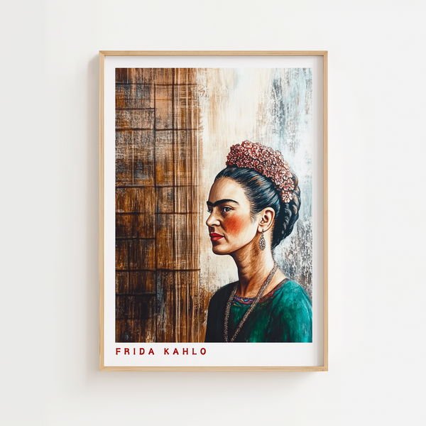Frida Kahlo plakat med profil foran rustik trævæg