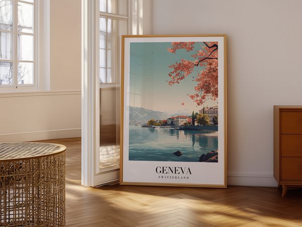Genève Schweiz byplakat med udsigt over Genfersøen og Alperne.