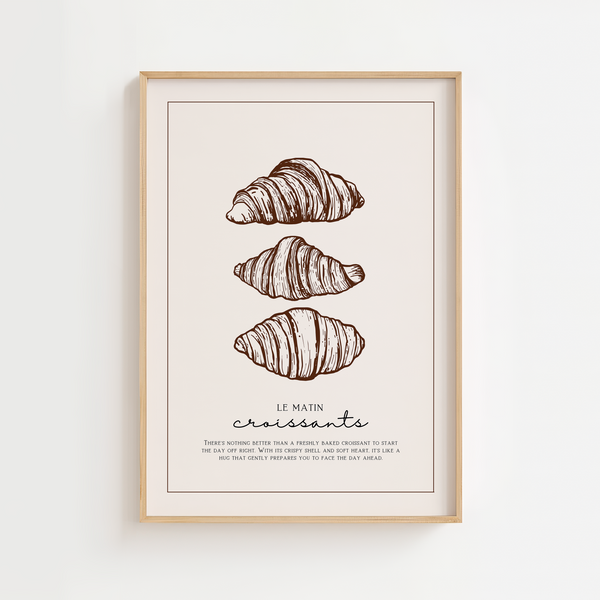 Croissant plakat med tre håndtegnede croissanter i brun ramme – perfekt som køkkenplakat med fransk caféstemning.