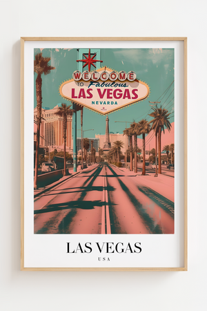 Las Vegas USA byplakat med “Welcome to Fabulous Las Vegas” skilt og palmer.