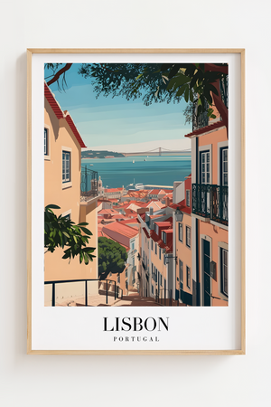 Lisbon byplakat med farverige huse, røde tage og udsigt over Tejo-floden.