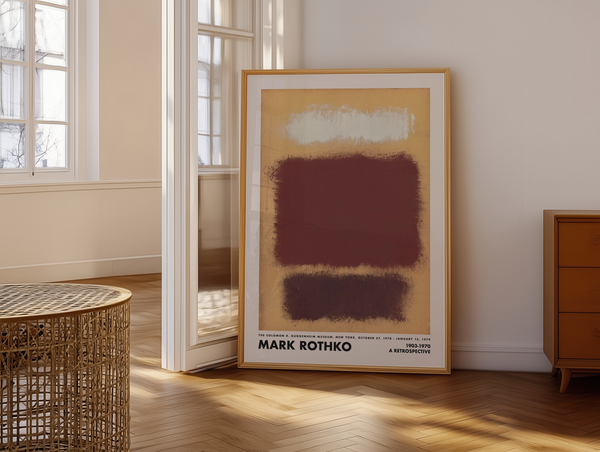 Abstrakt plakat i varme jordfarver med lyse, strukturerede kontraster inspireret af Mark Rothkos farvefelter – ideel til moderne indretning.