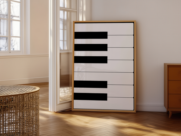 Sort/hvid Piano Keys plakat med minimalistisk design af klavertangenter.