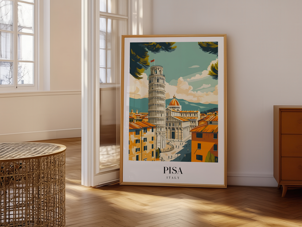 Pisa Italien byplakat med det skæve tårn – farverig rejseplakat fra Toscana.