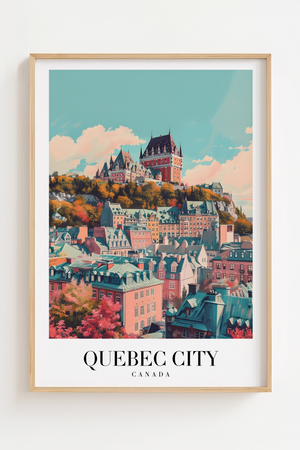 Smuk Quebec City plakat med ikoniske bygninger og farverige tage. Perfekt rejseplakat til dit hjem.