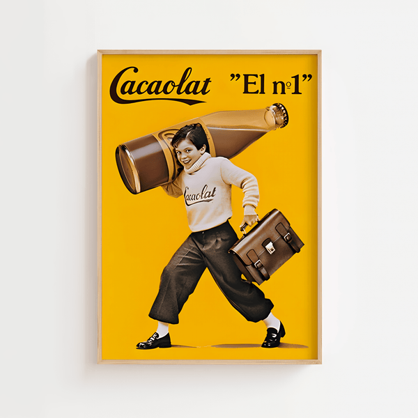 Vintage Cacaolat plakat med skolebarn, gul baggrund og kakaomælksflaske – retroreklame med teksten "El nº1".
