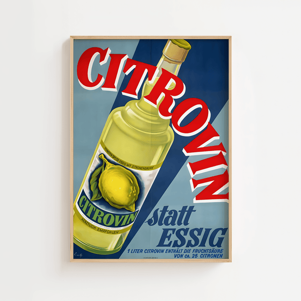 Vintage Citrovin plakat med stor citronflaske og rød/blå typografi – retro reklame for citronessens i tysk designstil.