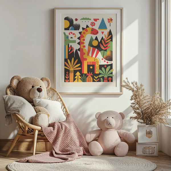 Dinosaur børneplakat med farverige illustrationer af dinosaurer som T-Rex og Triceratops. Perfekt til at skabe en sjov og eventyrlig stemning i børneværelset