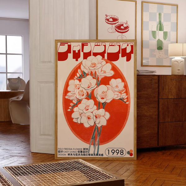 Vintage plakat med Freesia-blomster i røde og cremefarvede toner, japansk typografi og året 1998.