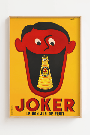 Vintage reklameplakat med Joker juiceflaske i en åben mund – i stærke røde og gule farver, fransk retrodesign.