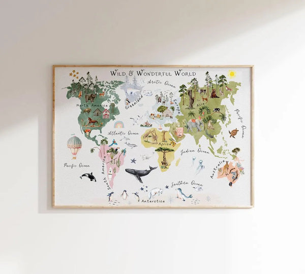 Realistisk verdenskort plakat til børn. Lærerig og detaljeret plakat med kontinenter og lande – perfekt til børneværelse eller skoler.