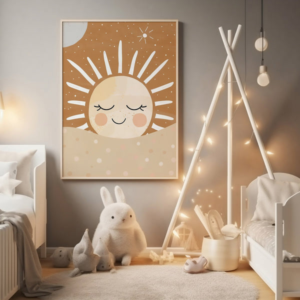 Smilende Solopgang - Børneplakat | Hyggelig & Farverig Vægkunst