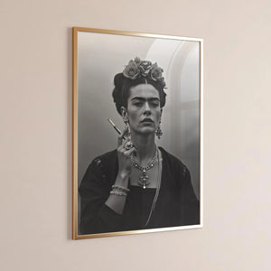 Smoking Icon – Frida Kahlo Plakat i sort-hvid med ikonisk portræt af Frida Kahlo med cigaret. Kunstplakat med stærk attitude til boligindretning