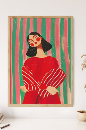 Farverig plakat med kvindefigur i røde nuancer og balancerede former på stribet baggrund