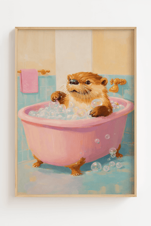 Illustration af sød odder i lyserødt badekar med bobler, perfekt som humoristisk plakat til badeværelset.