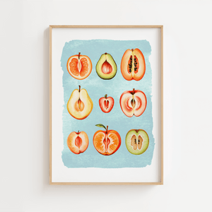 Blå vulva frugt plakat med kunstnerisk og feministisk motiv i moderne farver.