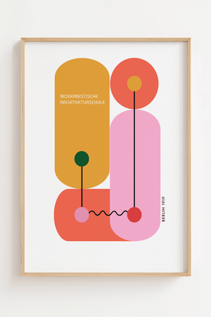 Bauhaus plakat med farverige modernistiske former og grafiske linjer inspireret af arkitektskolen i Berlin.