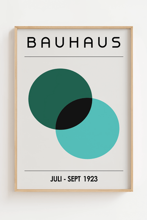 Bauhaus plakat med to overlappende cirkler i grøn og turkis i minimalistisk, geometrisk design.