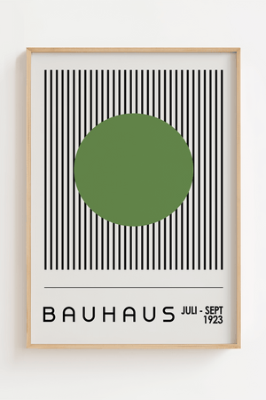 Bauhaus plakat med grøn cirkel foran sorte vertikale linjer i minimalistisk grafisk design.