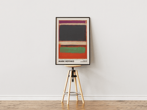 Abstrakt plakat med mørke og farverige felter i lilla, sort, grøn og orange inspireret af Mark Rothkos ikoniske farvekompositioner.