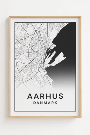 Sort/hvid Aarhus havn kortplakat med detaljeret kortdesign. Moderne og minimalistisk byplakat til boligindretning eller gave.