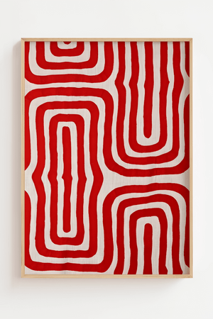 Red Maze Plakat med røde abstrakte linjer i grafisk mønster – moderne kunstplakat til hjem og billedvæg.
