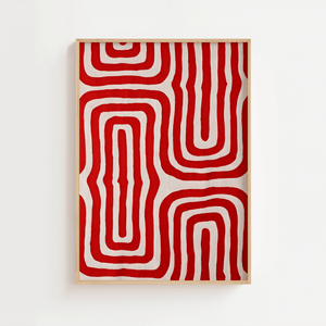 Red Maze Plakat med røde abstrakte linjer i grafisk mønster – moderne kunstplakat til hjem og billedvæg.