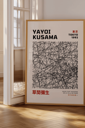 Infinity Net – Yayoi Kusama plakat med sort abstrakt linjemønster i grafisk design – moderne kunstplakat i minimalistisk stil.