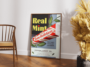 Vintage plakat med Baby Ruth tyggegummi, mintblade og retro tekst – amerikansk reklame fra Curtiss Candy Co