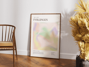 Farverig tvilling stjernetegns plakat i moderne og legende design.