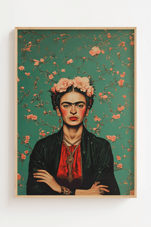 Frida Kahlo plakat med grøn baggrund og lyserøde blomster