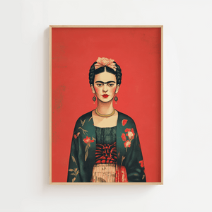 Frida Kahlo plakat med rød baggrund og grøn kimono med blomster