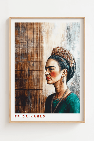 Frida Kahlo plakat med profil foran rustik trævæg
