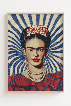 Frida Kahlo plakat med blå og hvide stråler i baggrunden