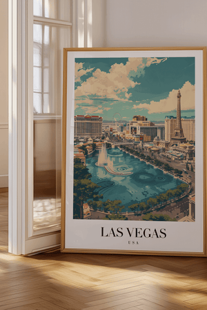 Las Vegas plakat med skyline, The Strip og Bellagio-fontæner – farverig USA byplakat.