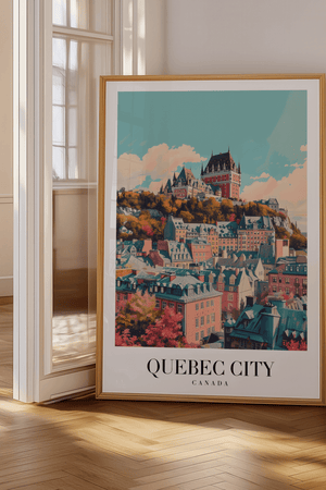 Smuk Quebec City plakat med ikoniske bygninger og farverige tage. Perfekt rejseplakat til dit hjem.
