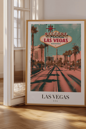 Las Vegas USA byplakat med “Welcome to Fabulous Las Vegas” skilt og palmer.