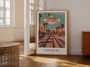 Las Vegas USA byplakat med “Welcome to Fabulous Las Vegas” skilt og palmer.