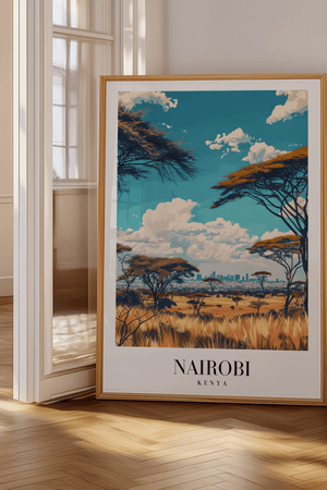 Nairobi Kenya byplakat med savanne og skyline – farverig rejseplakat.