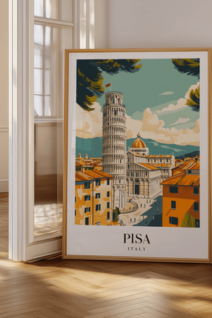 Pisa Italien byplakat med det skæve tårn – farverig rejseplakat fra Toscana.