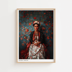 Frida Kahlo plakat med blomstrende rosenbaggrund og farverigt design