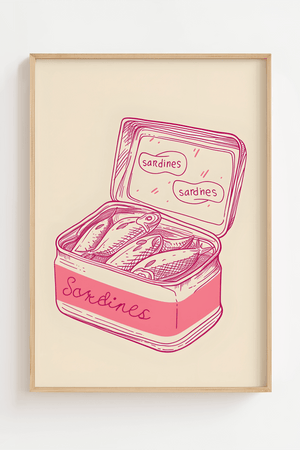 Retro plakat med pink tegning af sardiner i dåse – humoristisk køkkenplakat.
