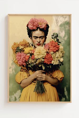 Frida Kahlo plakat med gul kjole og stor buket farverige blomster


