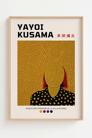 Yellow Portrait – Yayoi Kusama plakat med gule prikker og grafisk portræt uden ansigt – moderne kunstplakat i ikonisk design.