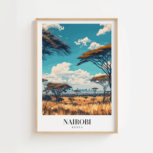 Nairobi Kenya byplakat med savanne og skyline – farverig rejseplakat.