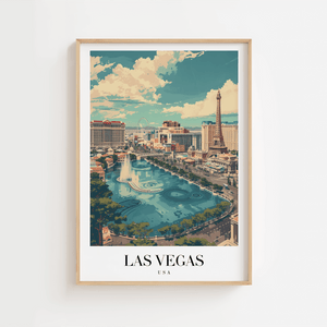 Las Vegas plakat med skyline, The Strip og Bellagio-fontæner – farverig USA byplakat.