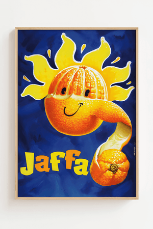Farverig vintage plakat med glad appelsin og teksten "Jaffa" - retro reklameillustration pä blà baggrund.